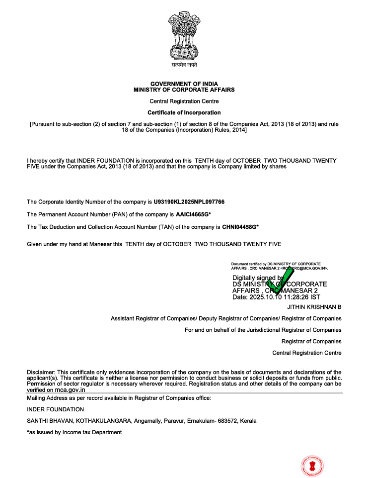 INDER CERTIFICATE OF INCORPORATION